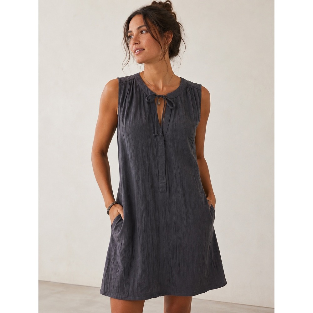 Prana Sleeveless Dress Women Medium Gray Tie Neck Crinkle Modal Gauze Pockets